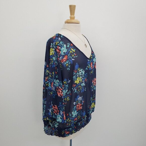 A.n.a Womens Floral Print Sheer Blouse Top Plus Size 2X Blue 3/4 Sleeve‎ V-Neck - Picture 2 of 14